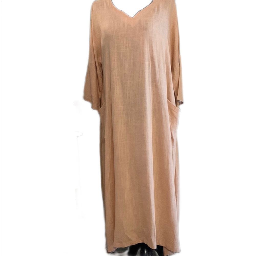 Youga SZ XL PeachOversized Dress Linen/Cotton Blend V Neck 3/4 Sleeves Dress NWT